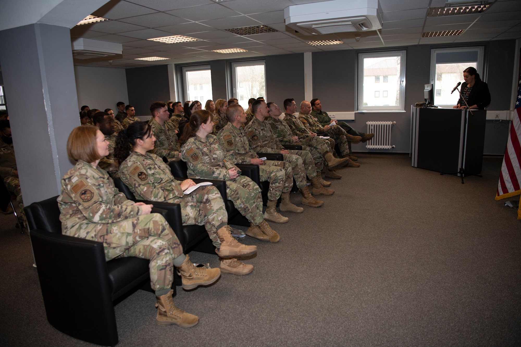 52nd Fighter Wing leaders listen to a brief on Saber University, Apr. 4, 2022, on Spangdahlem Air Base, Germany.