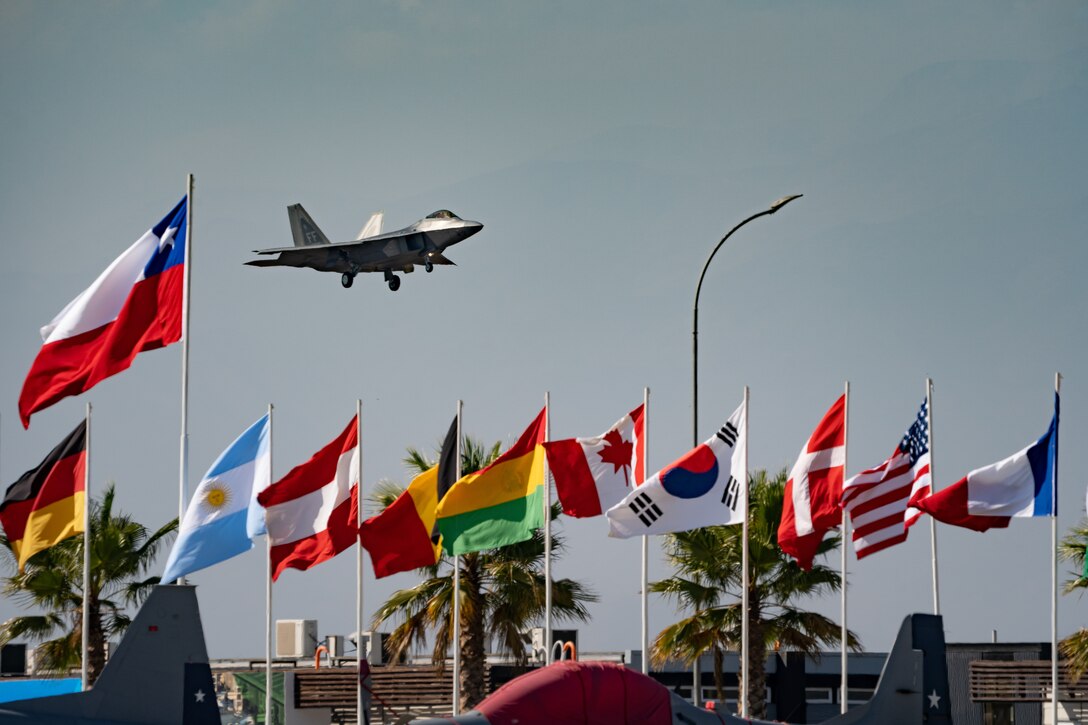 U.S. Air Force Maj. Joshua “Cabo” Gunderson, F-22 Raptor Demonstration Team commander and pilot, preforms the weapons bay door pass during rehearsal for the 2022 FIDAE Air & Trade Show, April 3, 2022 in Santiago, Chile.