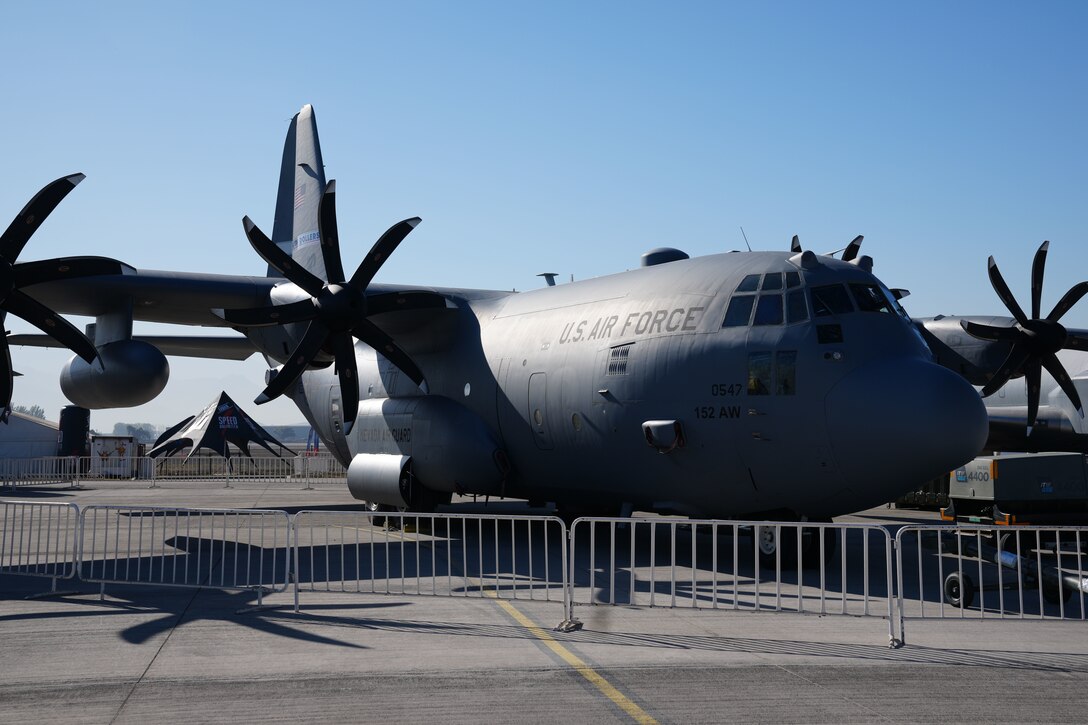 A C-130H Hercules from the Nevada Air National Guard sits on the runway at Feria Internacional del Aire y del Espacio (FIDAE), Latin America’s largest aerospace, defense and security exhibition, in Santiago, Chile, April 5, 2022.