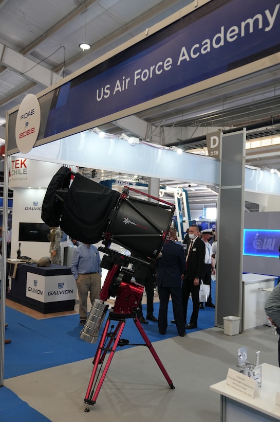 The United States Air Force Academy’s Falcon Telescope is displayed at Feria Internacional del Aire y del Espacio (FIDAE), Latin America’s largest aerospace, defense and security exhibition, April 5, 2022 in Santiago, Chile.