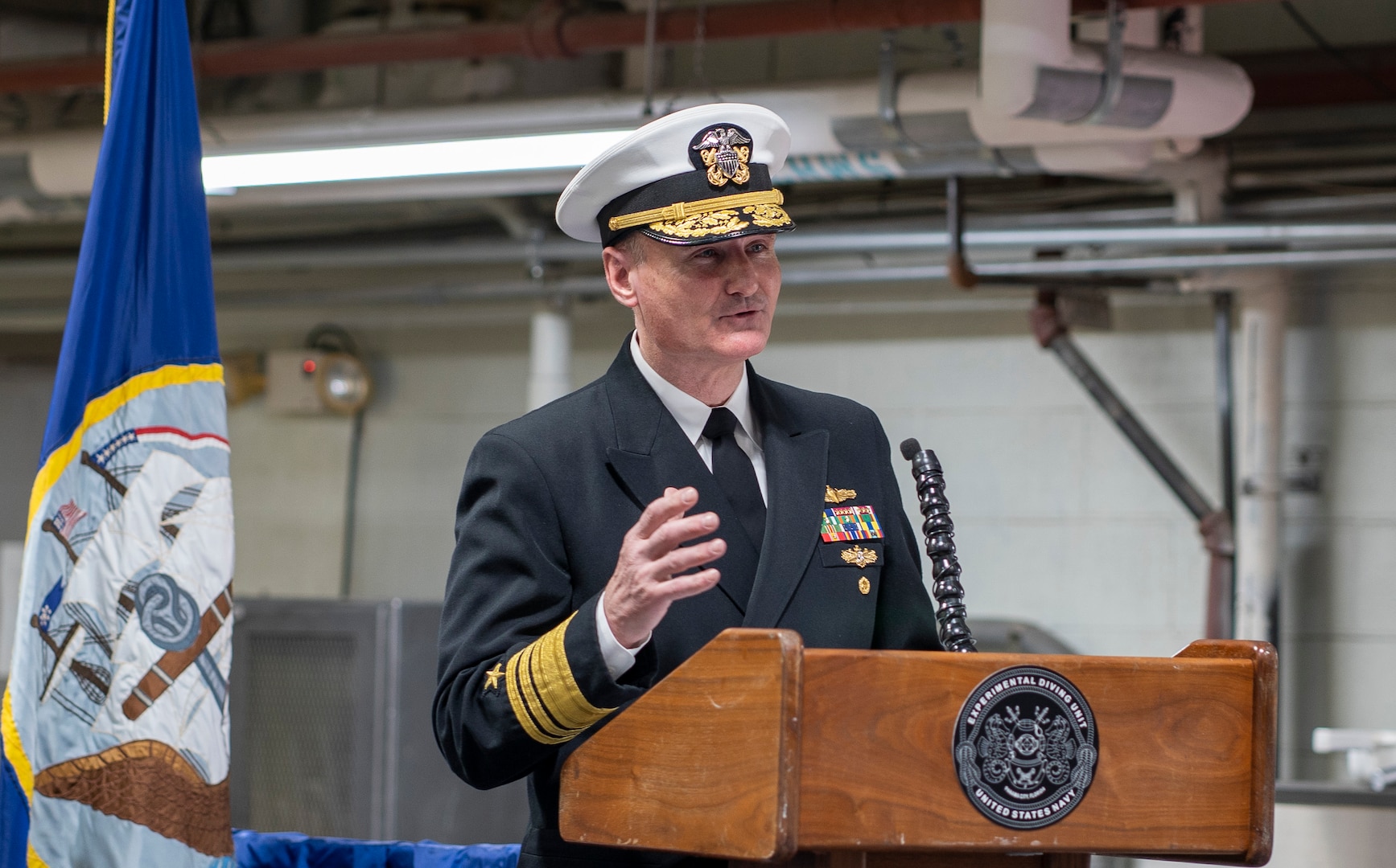 Vice Admiral William Galinis delivers remarks during the NEDU Change of Command Ceremony.