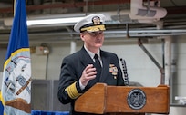 Vice Admiral William Galinis delivers remarks during the NEDU Change of Command Ceremony.