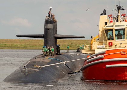 The Ohio-class ballistic-missile submarine USS Alaska (SSBN 732) Gold Crew returns to its homeport at Naval Submarine Base Kings Bay,