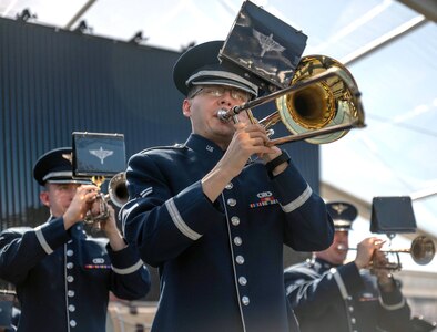 Air Force Airman 1st Class Evan Drumm, Band of the West member, plays the trombone