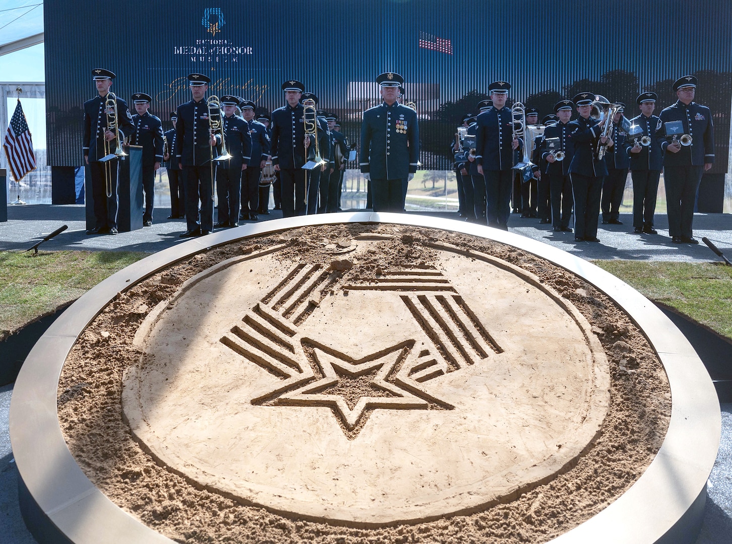 The U.S. Air Force Band of the West performs the Air Force song closing the National Medal of Honor Museum ceremony, March 25, 2022 at Arlington, Texas.