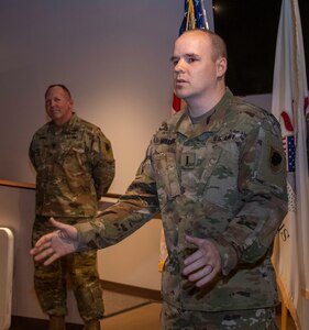 Newly promoted CW4 David Miller, Jr., of Springfield, officer in charge, automated and automation records branch, thanks family, friends and fellow Soldiers for their support throughout his career during a promotion ceremony April 7 at the Illinois State Military Museum in Springfield, Illinois.