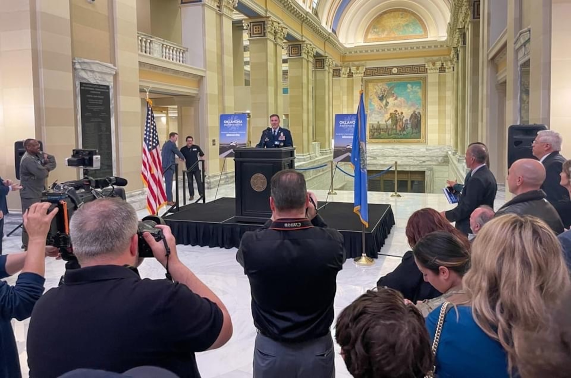 72nd Air Base Wing Commander, Col. G. Hall Sebren, Jr., took the opportunity to address a packed house on the fourth floor of the Oklahoma State Capitol March 30 for AERO Oklahoma Day.