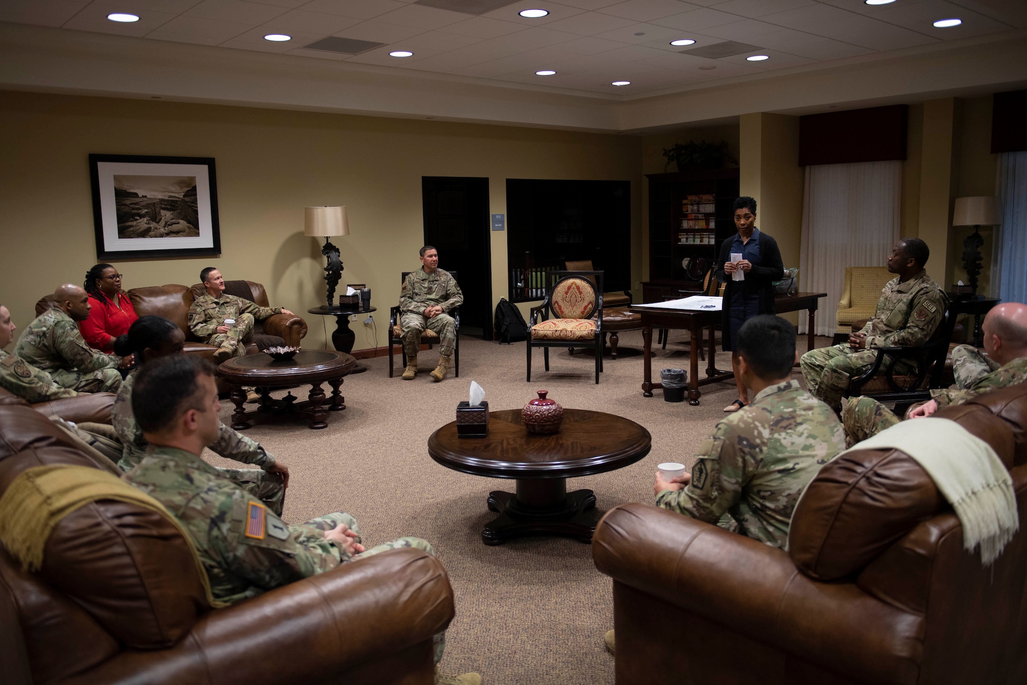 Gail Reed-Attoh, 436th Airlift Wing sexual assault response coordinator, leads a discussion about sexual assault awareness with Dover Air Force Base senior leaders at Dover AFB, Delaware, April 1, 2022. During the discussion, volunteer victim advocates shared their experiences with the leaders and provided thoughts on how to increase sexual assault awareness. (U.S. Air Force photo by Tech. Sgt. J.D. Strong II)