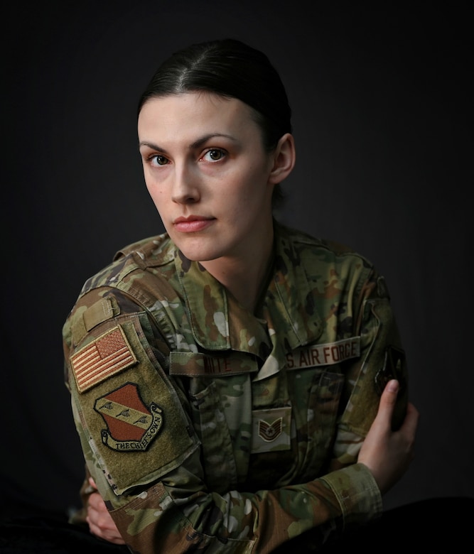 U.S. Air Force Tech. Sgt. Kayla White, public affairs specialist assigned to the Joint Base Anacostia-Bolling Public Affairs office, poses for a portrait on April 7, 2022, at JBAB, Washington, D.C. White wrote a commentary about her experience with sexual assault during her initial training at Fort Meade, Md. (U.S. Air Force photo by Airman 1st Class Anna Smith)