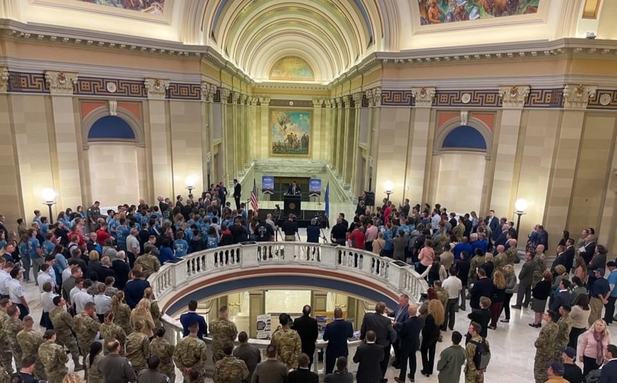 Oklahoma Governor Kevin Stitt addresses a group of military members and civilians in attendance at Aero Oklahoma March 30 at the Oklahoma State Capitol.