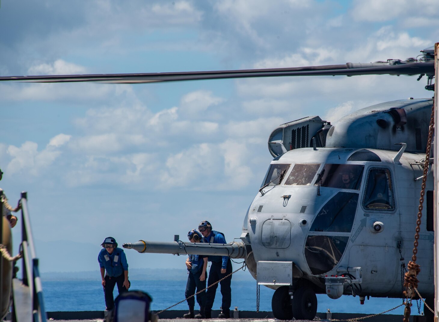 A CH-53E Super Stallion helicopter assigned to Marine Heavy Helicopter Squadron 466 (HMH-466) prepares to transport U.S. Marines with 1st Battalion, 3d Marines, 3d Marine Division on the flight deck of the forward-deployed amphibious dock landing ship USS Ashland (LSD 48) during Balikatan 22. Balikatan is an annual exercise between the Armed Forces of the Philippines and U.S. military designed to strengthen bilateral interoperability, capabilities, trust, and cooperation built over decades shared experiences. Balikatan, Tagalog for 'shoulder-to-shoulder,' is a longstanding bilateral exercise between the Philippines and the United States highlighting the deep-rooted partnership between both countries. Balikatan 22 is the 37th iteration of the exercise and coincides with the 75th anniversary of U.S.-Philippine security cooperation.