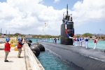APRA HARBOR, Guam (March 28, 2022) The Los Angeles-class fast-attack submarine USS Annapolis (SSN 760) arrives in Guam, Mar 28. Annapolis is capable of supporting various missions, including anti-submarine warfare, anti-ship warfare, strike warfare and intelligence, surveillance reconnaissance (U.S. Navy photo by Mass Communication Specialist 2nd Class Zachary Grooman)