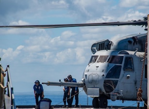 A CH-53E Super Stallion helicopter assigned to Marine Heavy Helicopter Squadron 466 (HMH-466) prepares to transport U.S. Marines with 1st Battalion, 3d Marines, 3d Marine Division on the flight deck of the forward-deployed amphibious dock landing ship USS Ashland (LSD 48) during Balikatan 22. Balikatan is an annual exercise between the Armed Forces of the Philippines and U.S. military designed to strengthen bilateral interoperability, capabilities, trust, and cooperation built over decades shared experiences. Balikatan, Tagalog for 'shoulder-to-shoulder,' is a longstanding bilateral exercise between the Philippines and the United States highlighting the deep-rooted partnership between both countries. Balikatan 22 is the 37th iteration of the exercise and coincides with the 75th anniversary of U.S.-Philippine security cooperation.