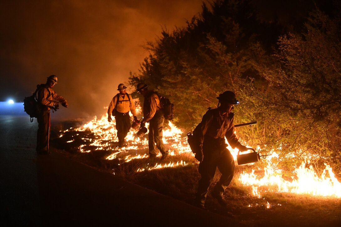 Firefighters dropping flames to stop wildfire.