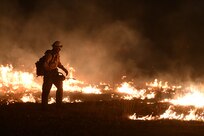 One firefighter dropping flames to stop wildfire.