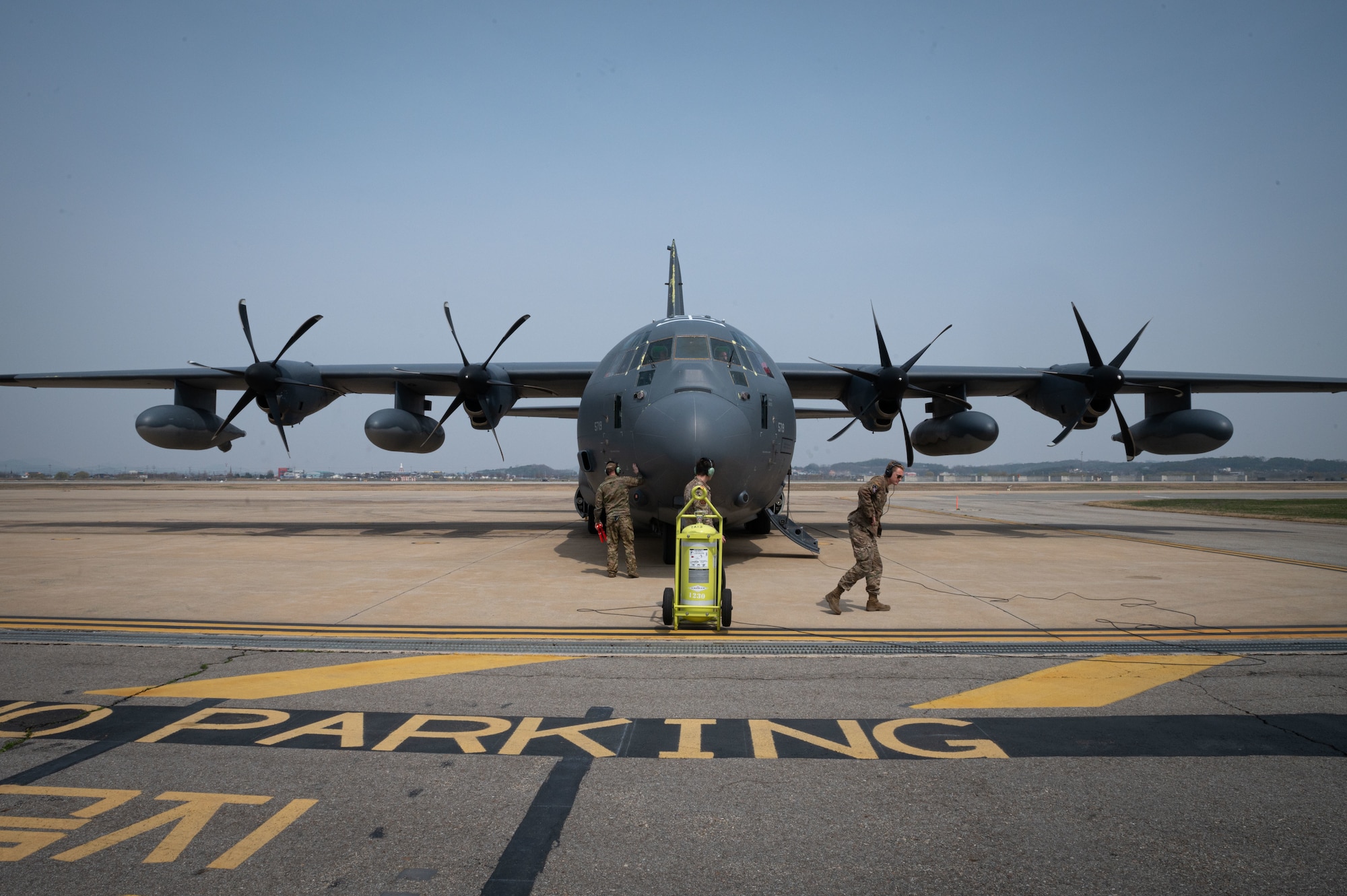 A C-130J Hercules remains ready during a Combat Search and Rescue Training Event April 8, 2022. More than 200 joint personnel and 27 participating squadrons from across the Pacific participated in CSARTE 22-2. The goals for CSARTE is to create realistic combat search and rescue training with both joint and combined forces. The scenarios include preplanned and immediate survivor pickup locations that require detailed integration of assets and planning in order to execute a safe recovery of a simulated downed aircraft. (U.S. Air Force photo by Senior Airman Megan Estrada)