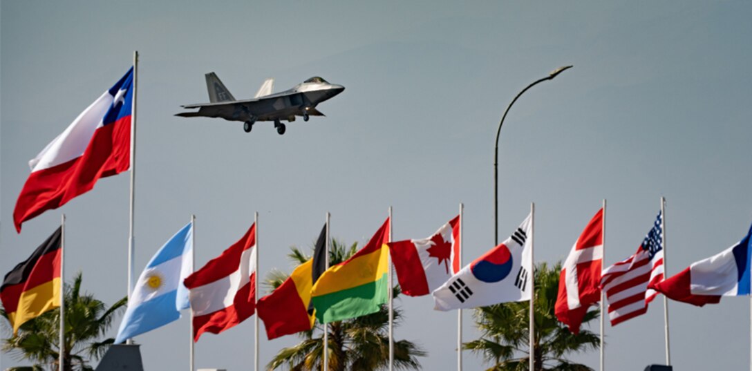 U.S. Air Force Maj. Joshua “Cabo” Gunderson, F-22 Raptor Demonstration Team commander and pilot, preforms the weapons bay door pass during rehearsal for the 2022 FIDAE Air & Trade Show, April 3, 2022 in Santiago, Chile.