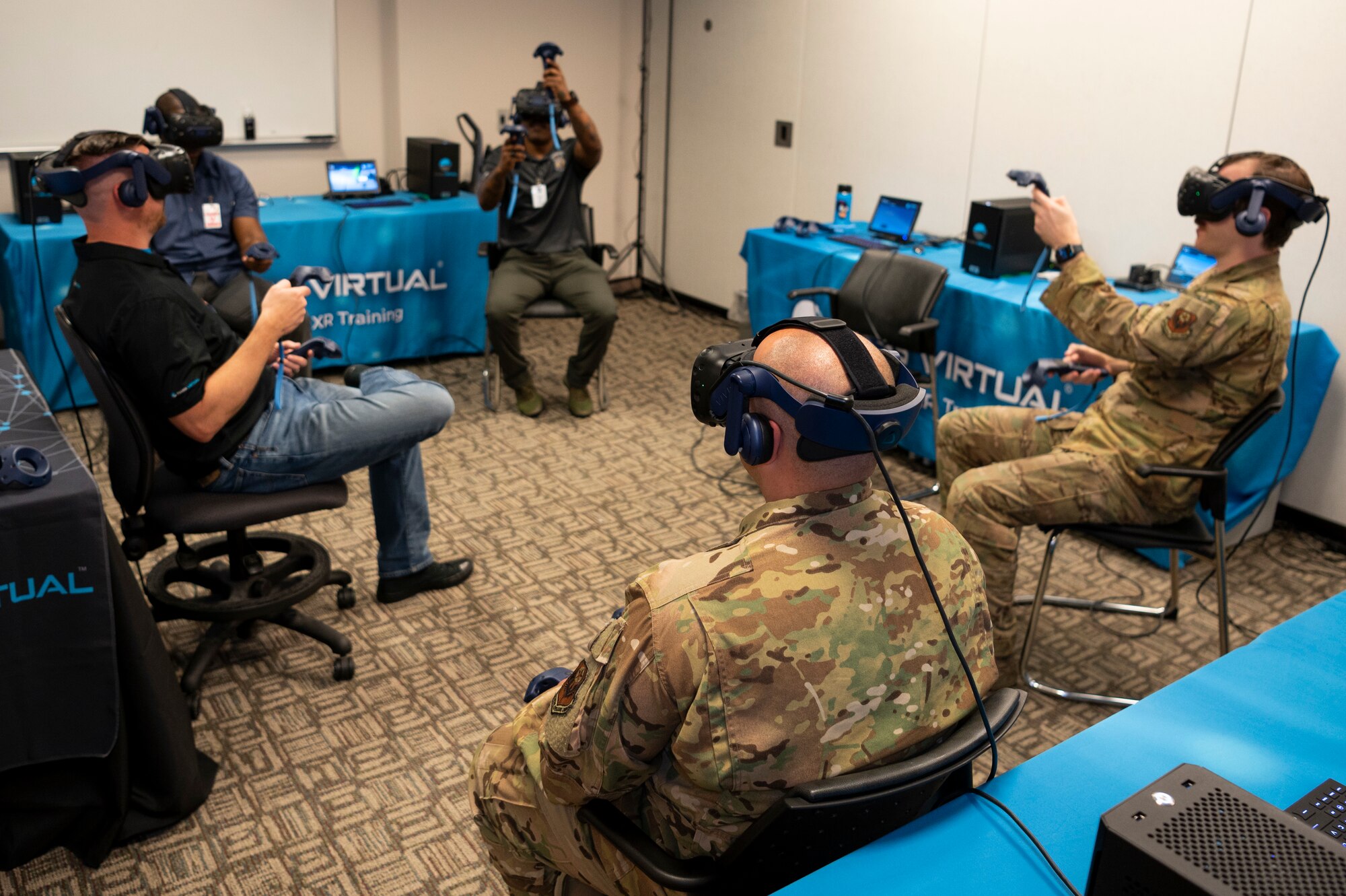Airmen take part in a virtual reality simulation as part of an Air Force Integrated Technology Platform Virtual Reality demonstration, April 5-6, at Hurlburt Field, Florida.