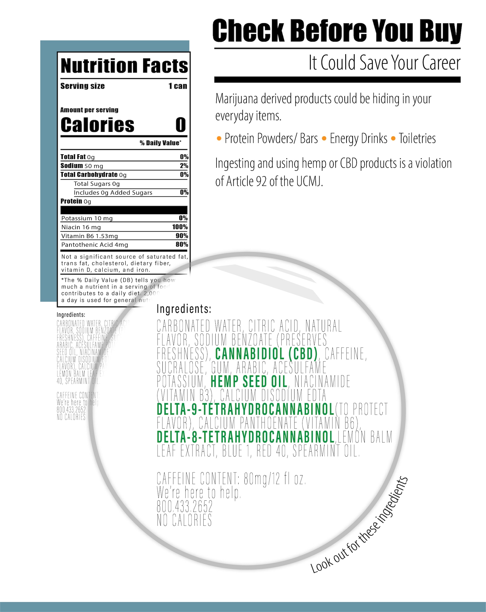 As more states move to legalize marijuana, producers are jumping at the chance to market its novelty. Marijuana derivatives can be found in products that range from shampoos and lotions to protein powder and energy drinks. To protect the integrity and reliability of the Military Drug Demand Reduction Program, knowingly ingesting or using products that containing CBD or hemp is prohibited and is punishable under Article 92 of the Uniform Code of Military Justice. (U.S. Air Force graphic by Staff Sgt. Alexa Culbert)