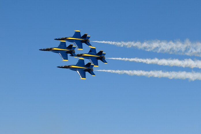 U.S. Navy F/A-18 Super Hornets assigned to the Blue Angels perform at the Titans of Flight Air Expo, Joint Base Charleston, South Carolina, April 10, 2022.
