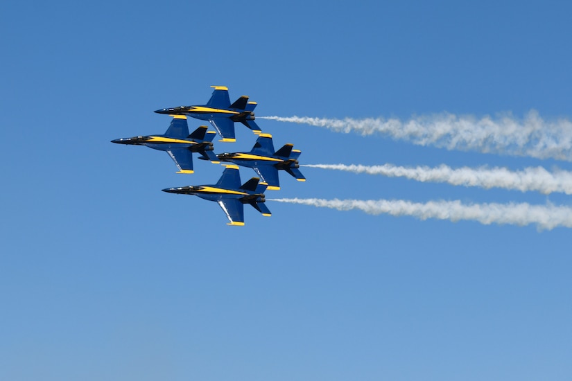 U.S. Navy F/A-18 Super Hornets assigned to the Blue Angels perform at the Titans of Flight Air Expo, Joint Base Charleston, South Carolina, April 10, 2022.