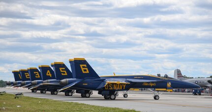U.S Navy F/A-18 Super Hornets assigned to the Blue Angels prepare to perform at the Titans of Flight Air Expo, Joint Base Charleston, South Carolina, April 9, 2022.
