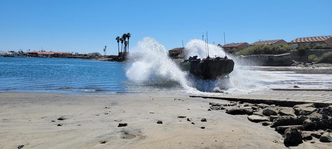 Training and Instructor Company (T&I CO) Instructors operate the amphibious combat vehicle (ACV) in the Del Mar Boat Basin testing water breaching, maneuverability, and validate the functionality of the new curriculum prior to introducing it to the Tracks’ community for the new Blended POI.