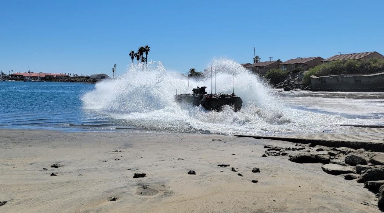Training and Instructor Company (T&I CO) Instructors operate the amphibious combat vehicle (ACV) in the Del Mar Boat Basin testing water breaching, maneuverability, and validate the functionality of the new curriculum prior to introducing it to the Tracks’ community for the new Blended POI.