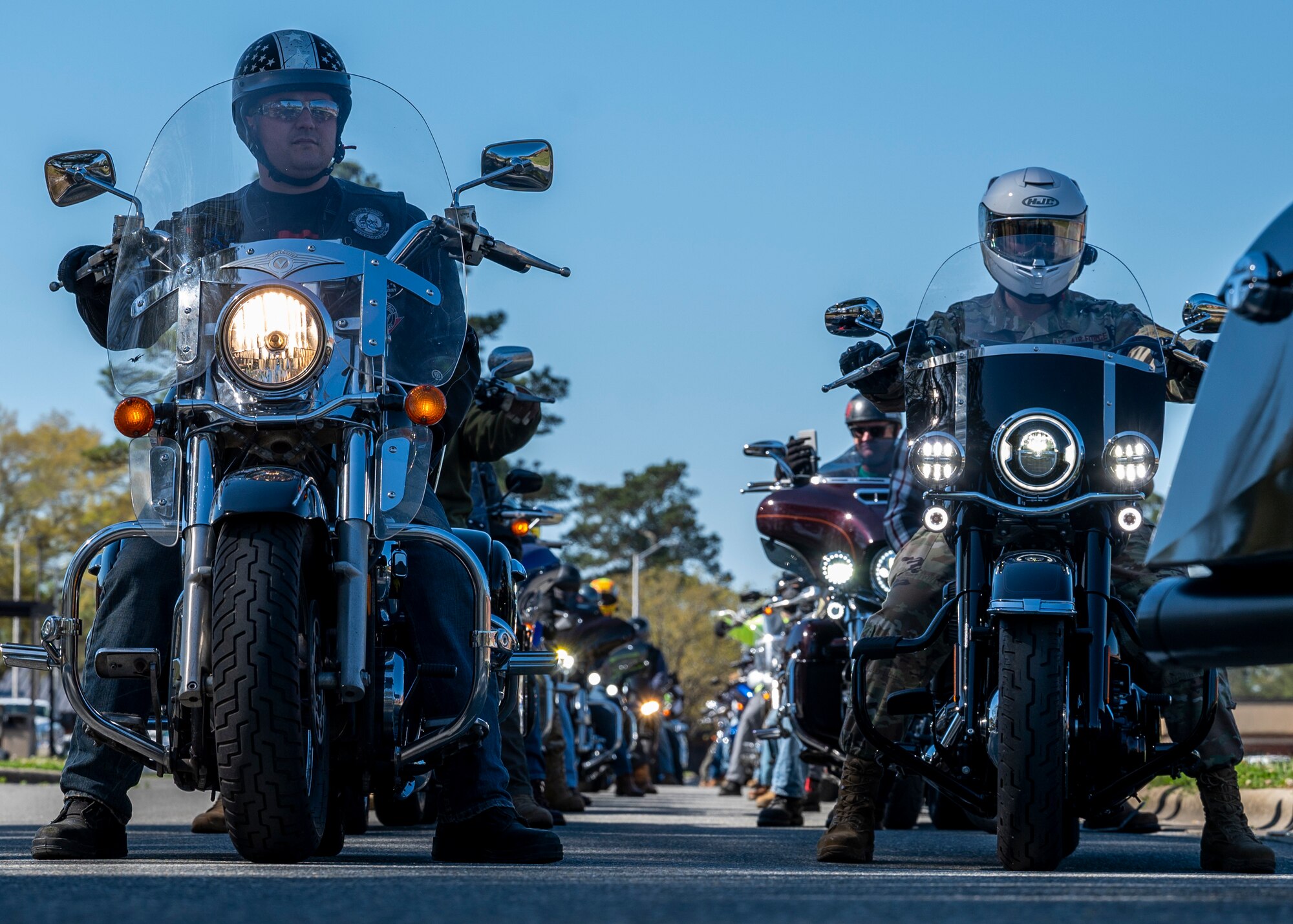 Members assigned to the 4th Fighter Wing lineup before leaving for a 50-mile motorcycle ride departing from Seymour Johnson Air Force Base, North Carolina, April 1, 2022.