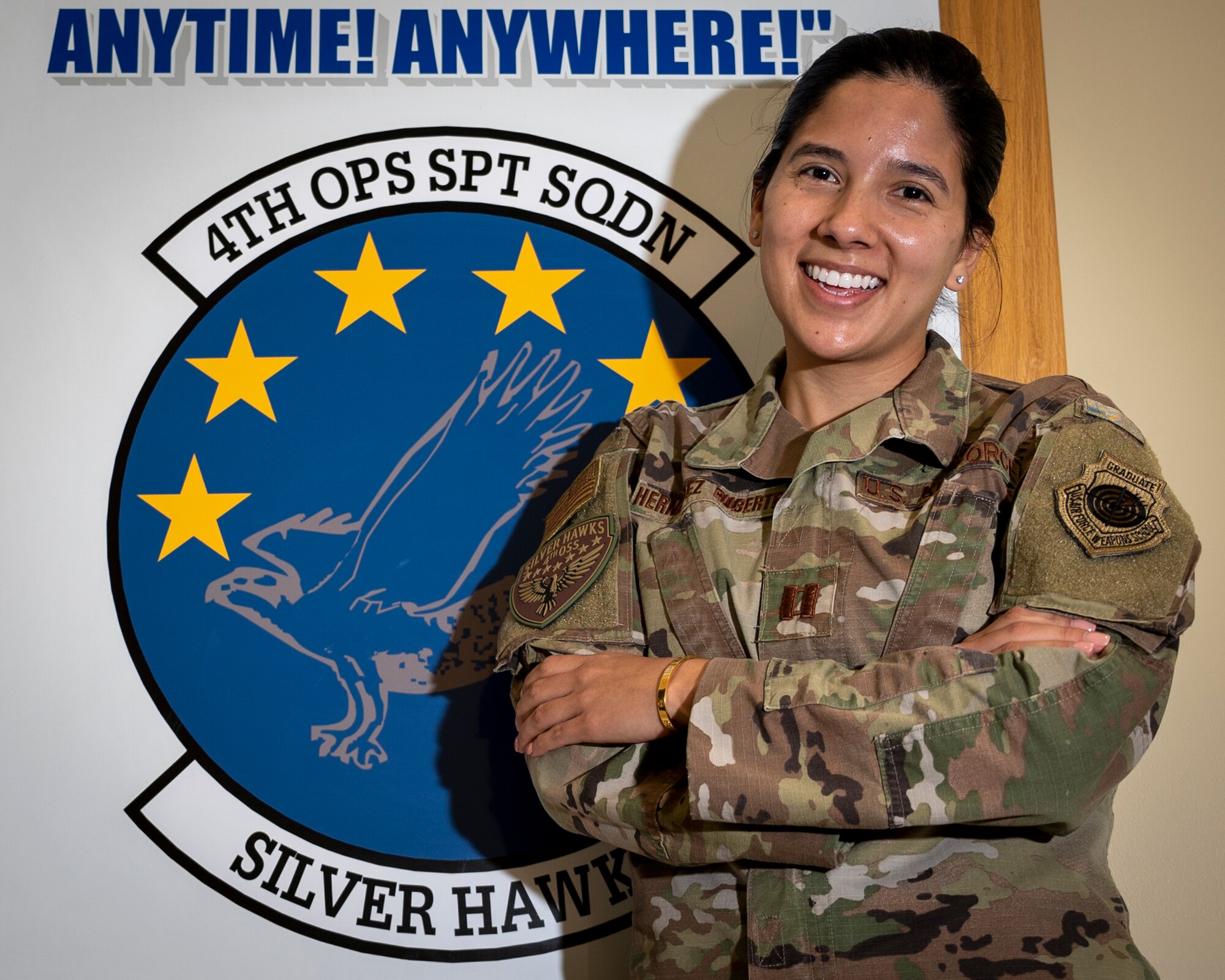 Capt. Stephannie Hernandez Ruberte, 4th Operations Support Squadron intelligence weapons officer, poses for a photo at Seymour Johnson Air Force Base, North Carolina, April 5, 2022.