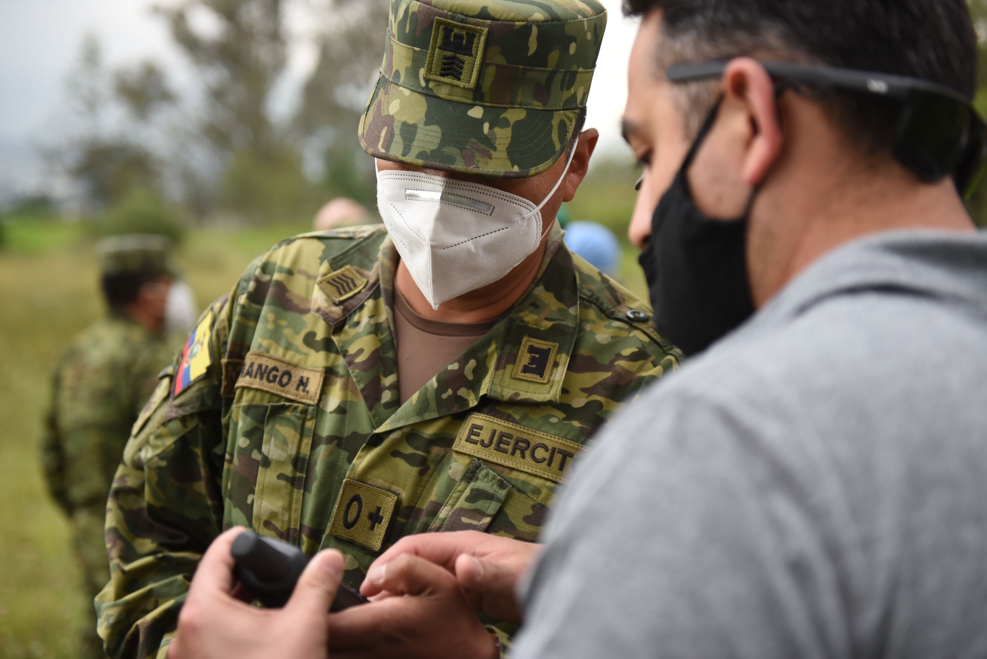 Tech Sgt. Oscar Morales, 7th Explosive Ordnance Disposal Flight, provides field training to Ecuadorian Army soldiers to use new demining equipment on Feb. 23, 2022, in Sangolquí, Ecuador. The equipment, from U.S. Southern Command, will be used to help clear the last remaining part of the country's southern border so it can be returned to the local population for farming and other activities. (U.S. Air National Guard photo by Lt. Col. Allison Stephens)