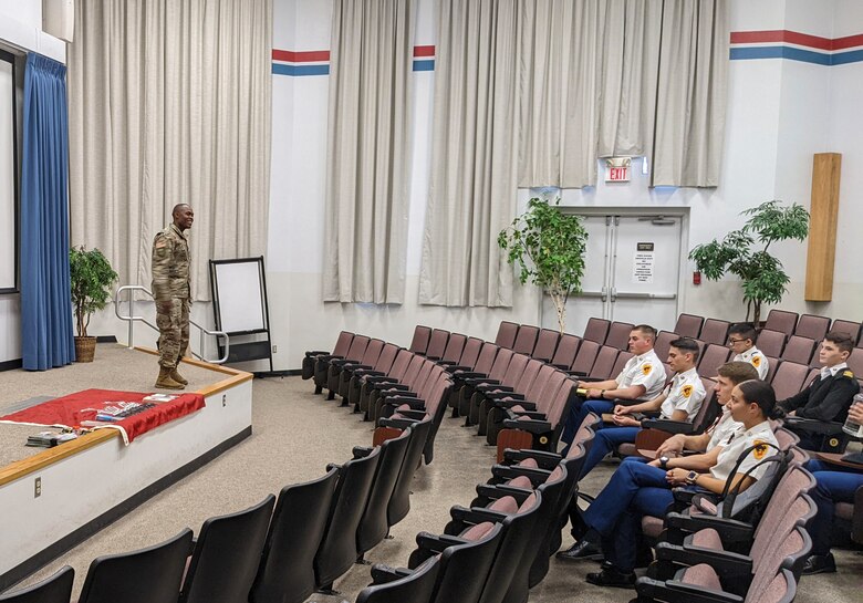 Capt. Romeo Tcheutchua introduces the Albuquerque District team to NMMI cadets, Feb. 22, 2022. He also spoke about National Engineers Week, being a military engineer, and USACE.