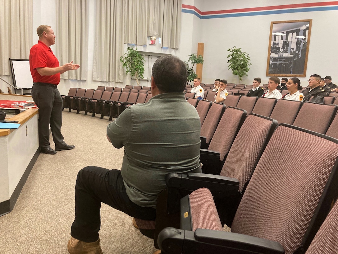 Shane Lauritzen speaks to cadets about his experience as a NMMI cadet and as a USACE attorney. He also spoke about career opportunities in USACE.