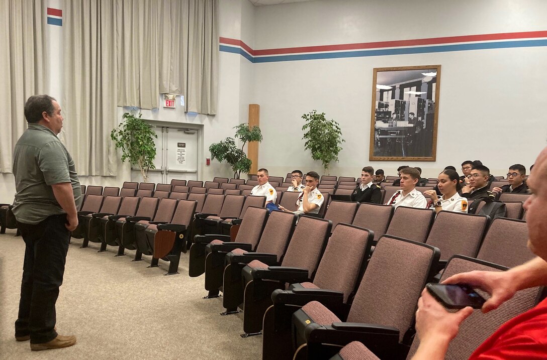 Gary Cordova speaks to NMMI cadets about his time as a cadet at the institute and about career opportunities in USACE, Albuquerque District during a visit Feb. 22, 2022.