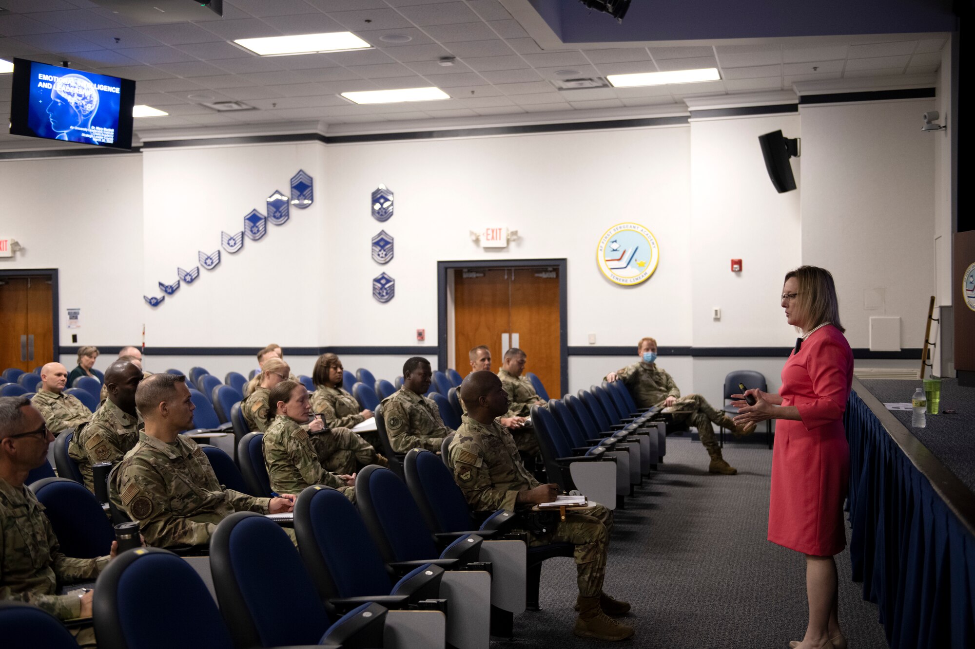 Dr. Mary Bartlett, Professor of Leadership Psychology for the Air University Leadership Institute, briefs a class on emotional intelligence during the Strategic Leader Course Mar. 30, 2022. The course provided knowledge from various senior leaders who spoke on topics like strategic leadership, emotional intelligence, national security and interagency interactions and more.