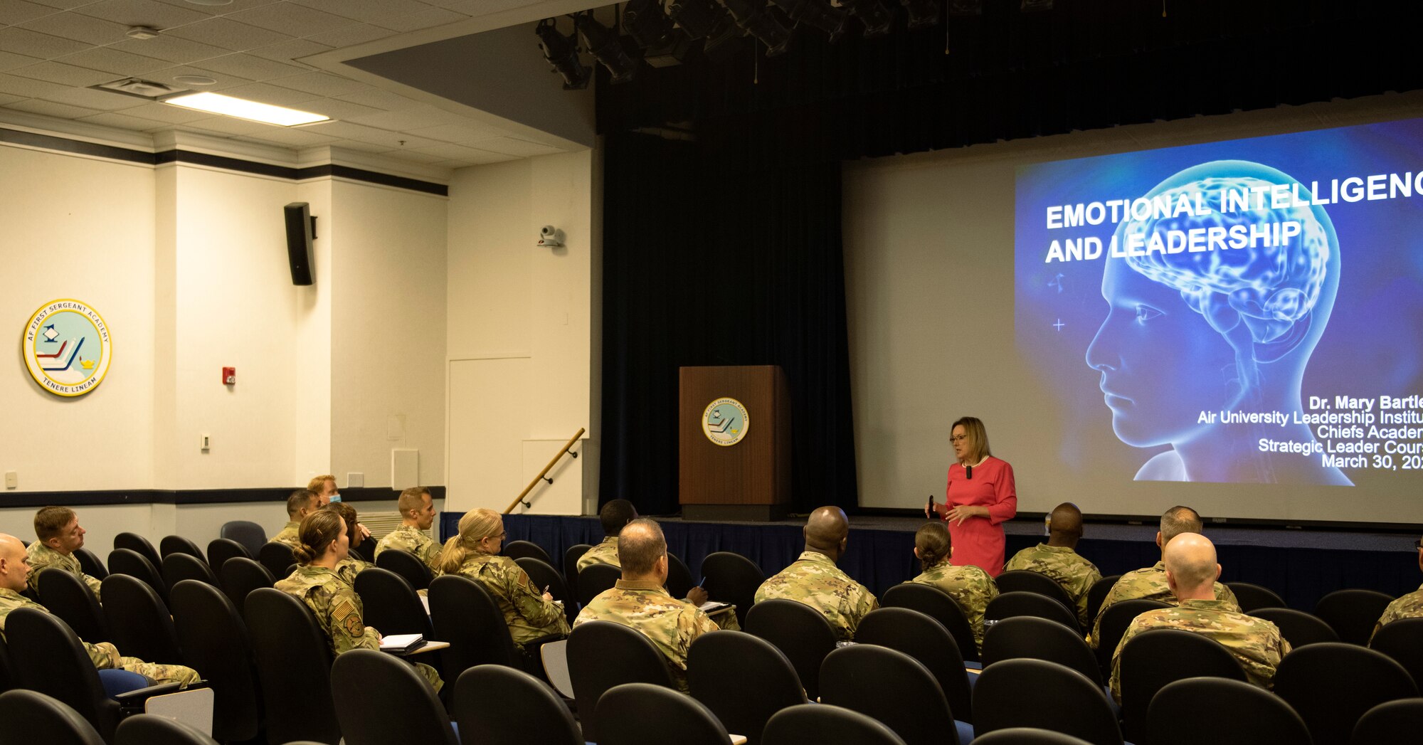 Dr. Mary Bartlett, Professor of Leadership Psychology for the Air University Leadership Institute, briefs a class on emotional intelligence during the Strategic Leader Course Mar. 30, 2022. The course provided knowledge from various senior leaders who spoke on topics like strategic leadership, emotional intelligence, national security and interagency interactions.