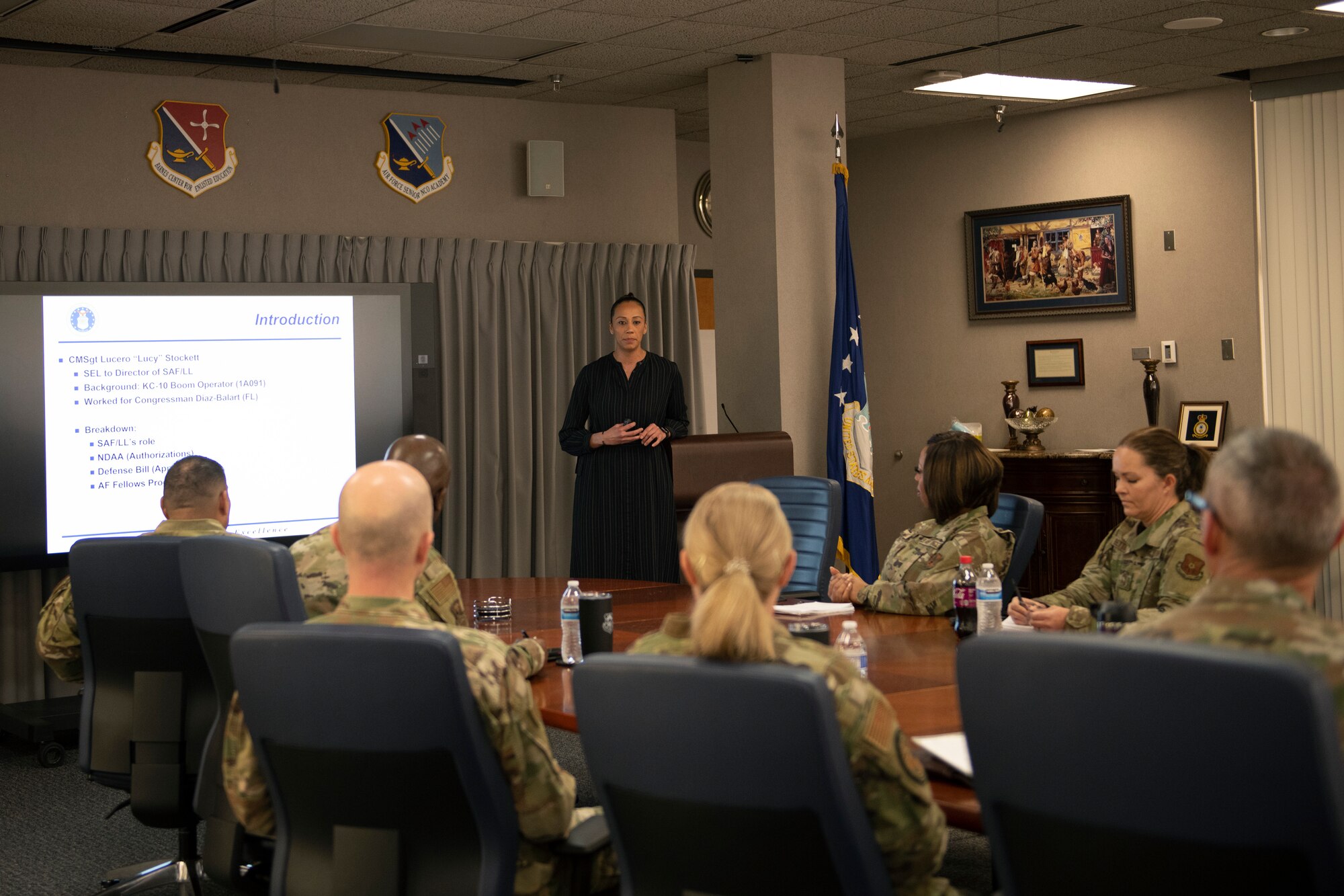 Chief Master Sgt. Lucero Stockett, senior enlisted leader to the Secretary of the Air Force legislative liaison, briefs chiefs during the Strategic Leader Course Mar. 28, 2022. The Chief Leadership Academy has been working to create a professional development course that will increase the strategic readiness, professional agility and enterprise level leadership of senior leaders.