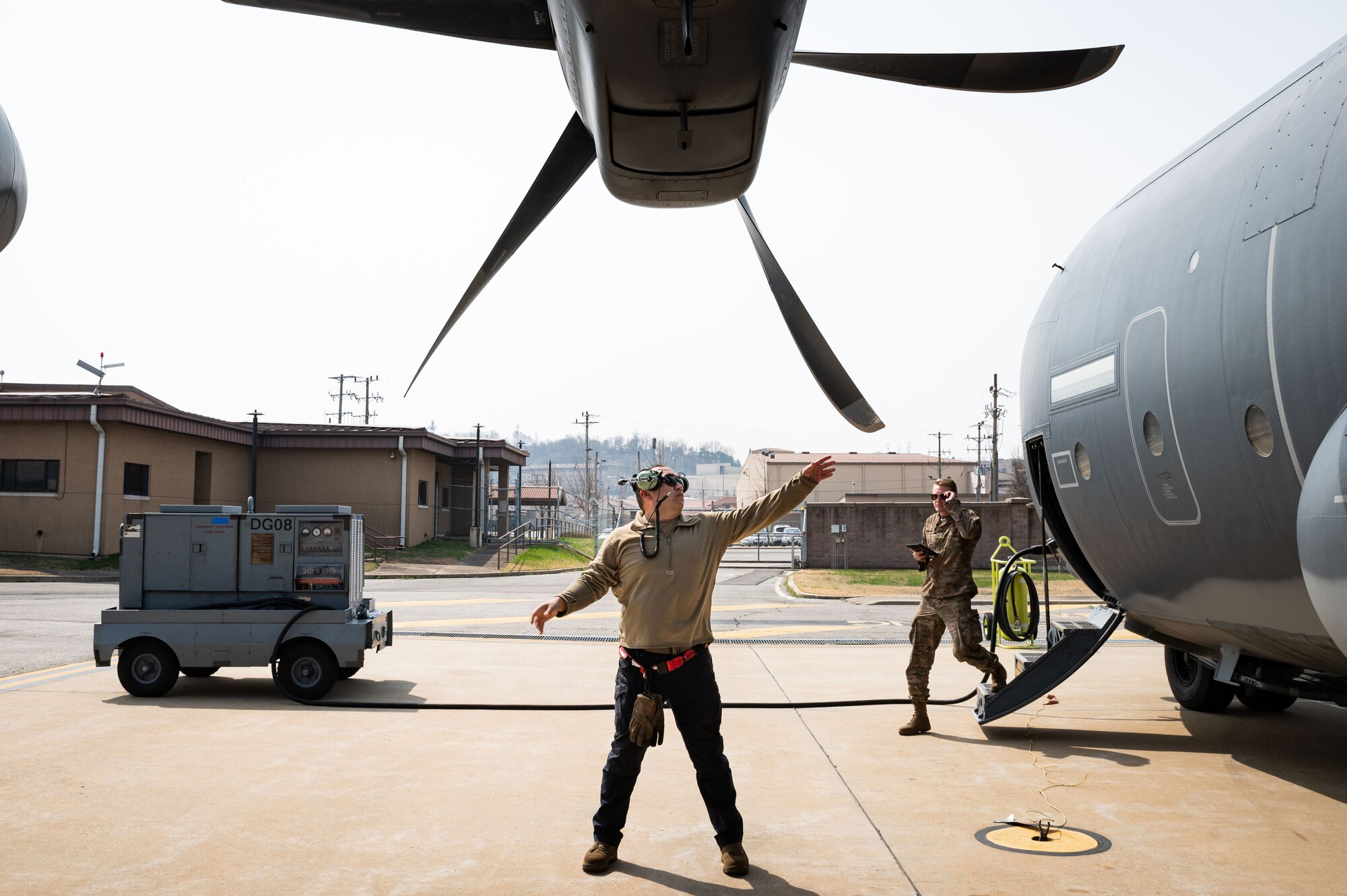Staff Sgt. Kai Artero, 79th Rescue Squadron engines technician, inspects an HC-130J Combat King II propeller during pre-flight inspections at Osan Air Base, Republic of Korea, April 5, 2022. The flight was part of a Combat Search and Rescue Training Event that focuses on maximizing integration and practicing personnel recovery operations among a full spectrum of experience levels and assets. (U.S. Air Force photo by Senior Airman Megan Estrada)