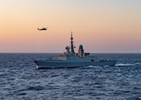 201120-N-PS962-1279 BAB EL-MANDEB STRAIT (Nov. 20, 2020) - The Royal Saudi Naval Force frigate Makkah (814) transits the Bab el-Mandeb Strait with the guided-missile destroyer USS Winston S. Churchill (DDG 81), not pictured, Nov. 20. The International Maritime Security Construct (IMSC) maintains the freedom of navigation, international law and free flow of commerce to support regional stability and security of the maritime commons.