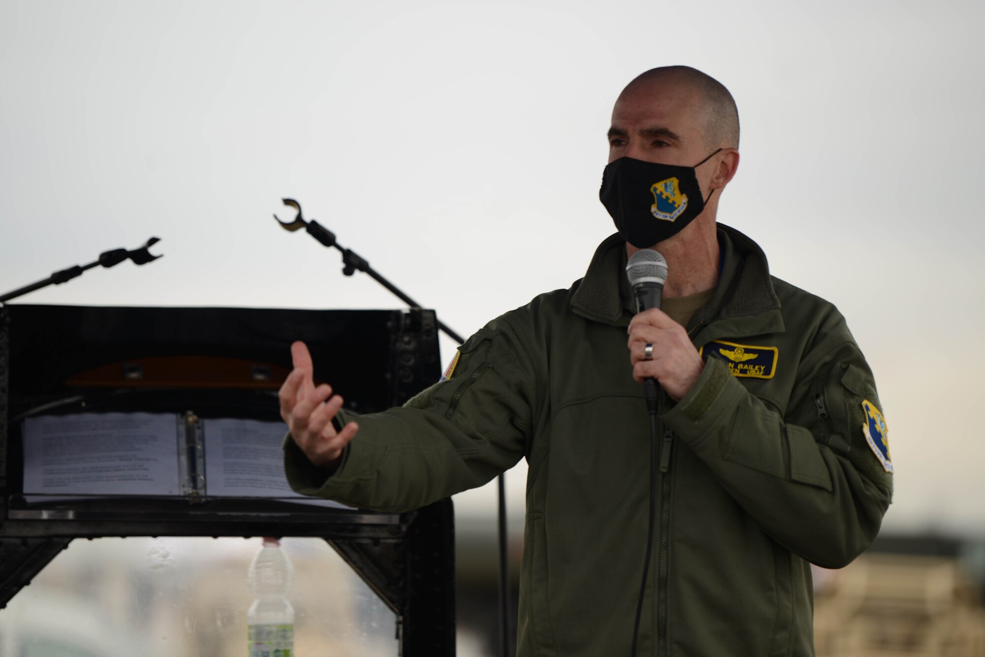 U.S. Air Force Brig. Gen. Jason E. Bailey, 31st Fighter Wing commander, addresses open house attendees at Aviano Air Base, Italy, April 1, 2022. The U.S. Air Force and Italian air force organized the open house for military children as well as local community school children in honor of the Month of the Military Child. (U.S. Air Force photo by Airman 1st Class Thomas Calopedis)