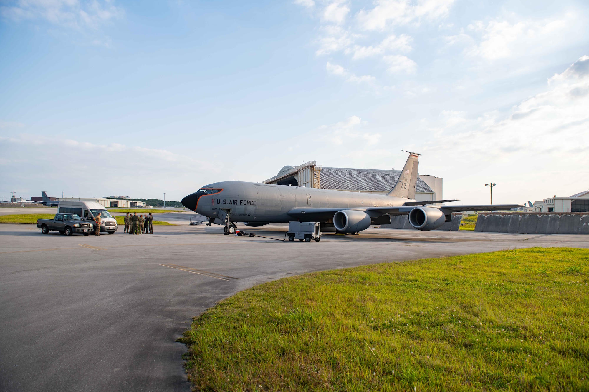 A refueling plane sits ready for take off in the morning