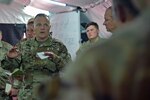 Col. Jerry Baird Jr., commander of the 130th Maneuver Enhancement Brigade, North Carolina National Guard, leads a commander’s update brief during Joint Warfighting Assessment 22 April 6, 2022, on Fort Stewart, Georgia.