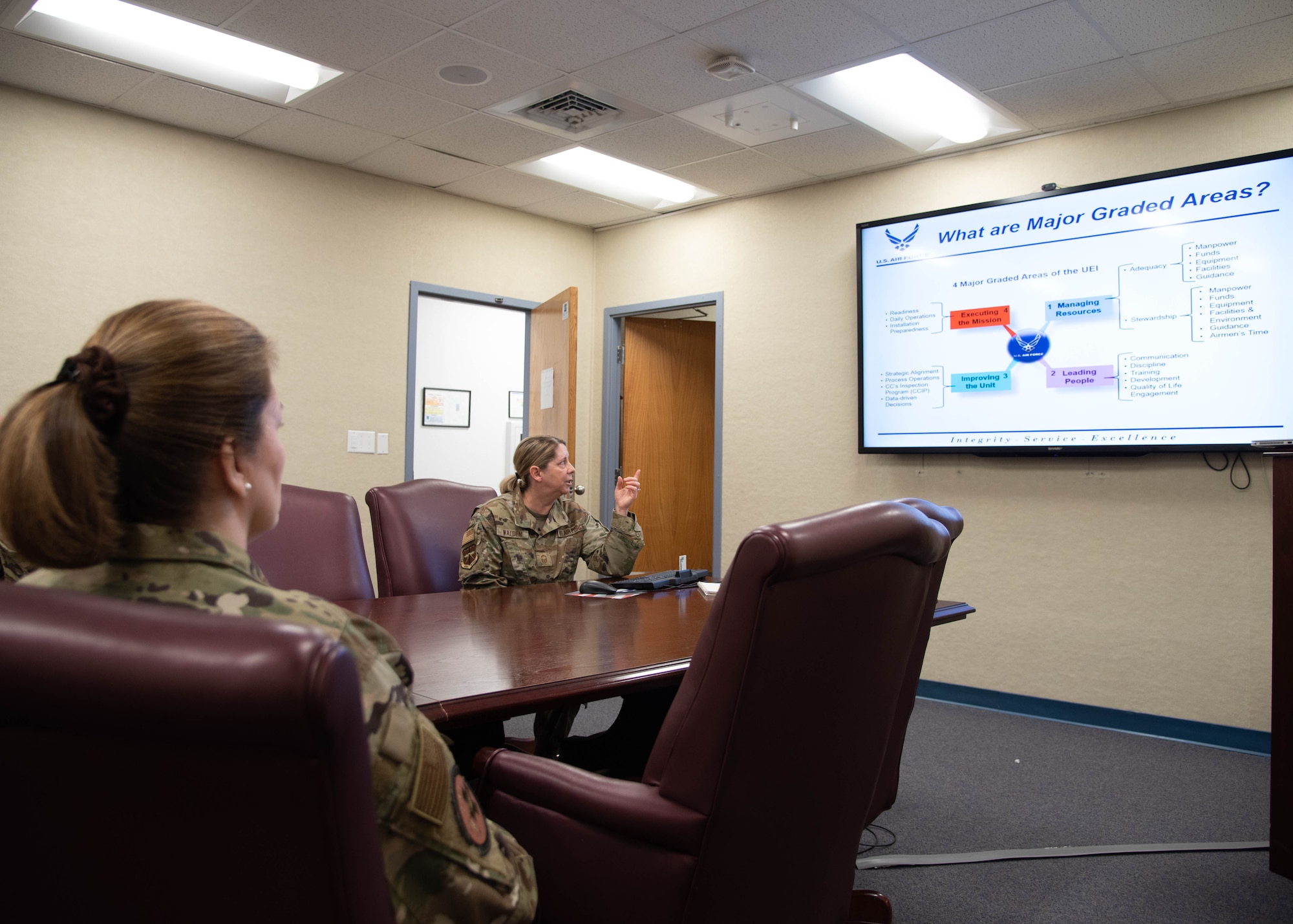 Two people sit at a table looking at a presentation on the wall to the right