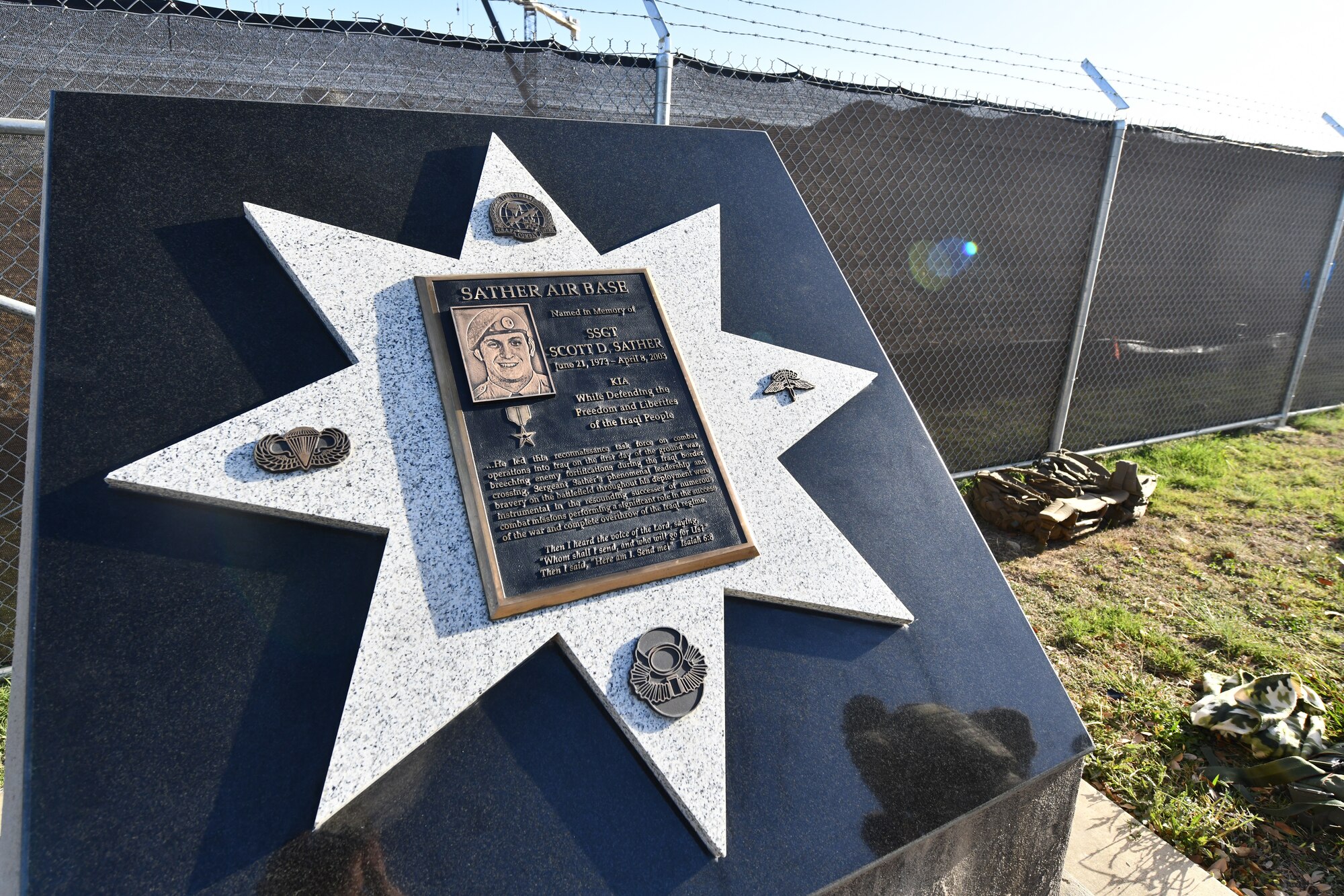 The newly refitted memorial for U.S. Air Force Staff Sgt. Scott Sather at the Special Warfare Training Wing training compound Joint Base San Antonio, Chapman Training Annex, Apr. 8, 2022. The wing and echelon units hosted a two and one-half mile ruck march followed by Memorial pushups and the unveiling of refitted memorials in coordination with Gold Star families (U.S. Air Force photo by Brian Boisvert)