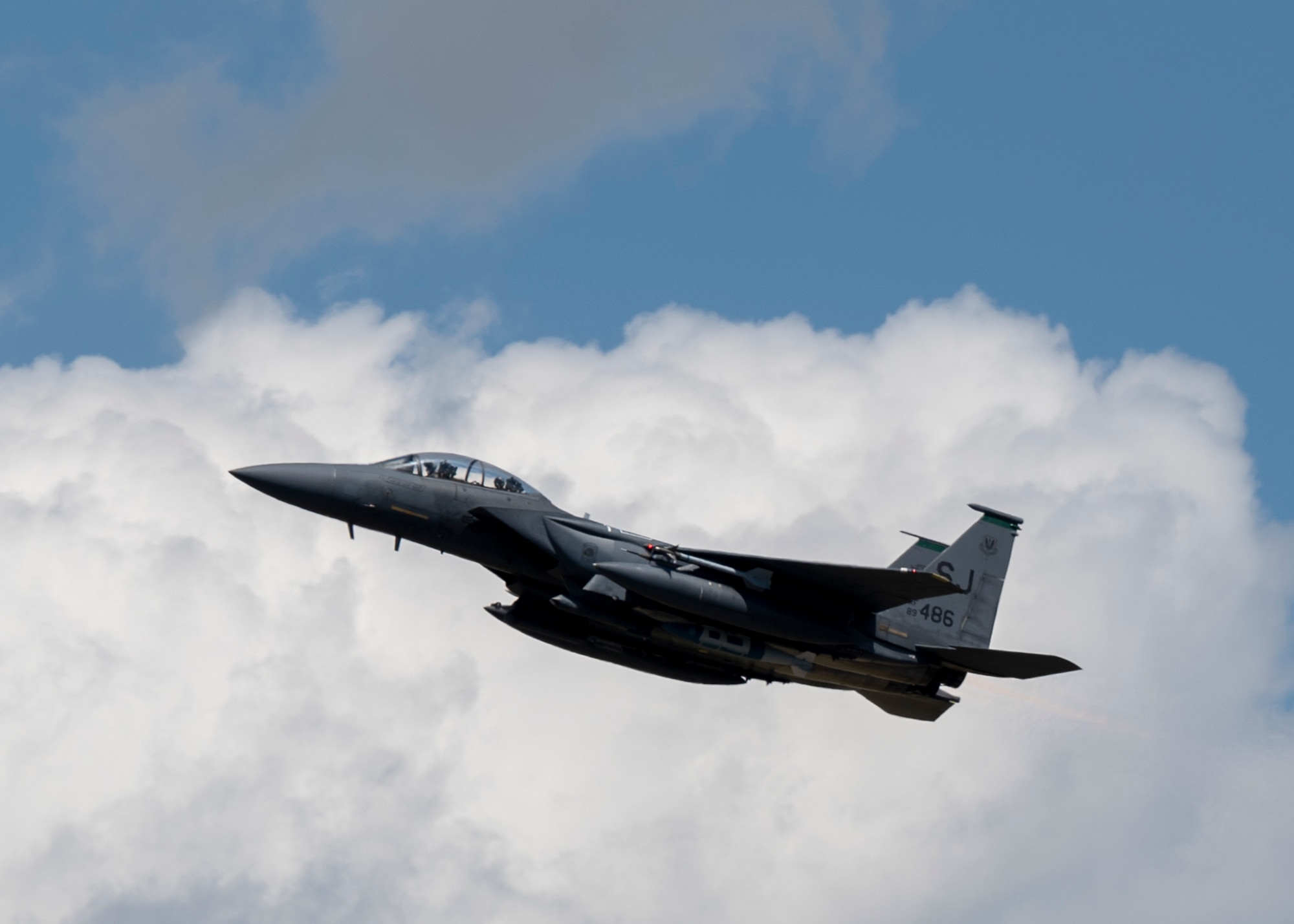 An F-15E Strike Eagle assigned to the 335th Fighter Squadron takes off at Seymour Johnson Air Force Base, North Carolina, April 8, 2022.