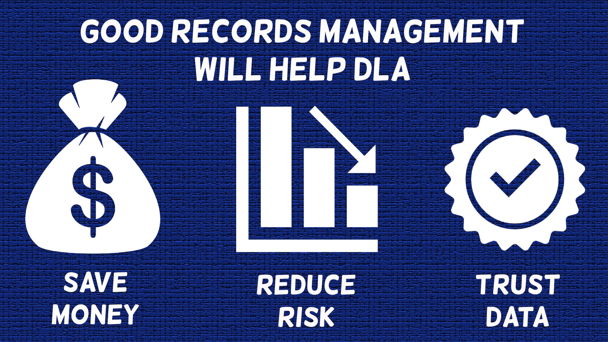 Graphic that shows how good records managements helps DLA by saving money, reducing risk and increasing trust in our data.