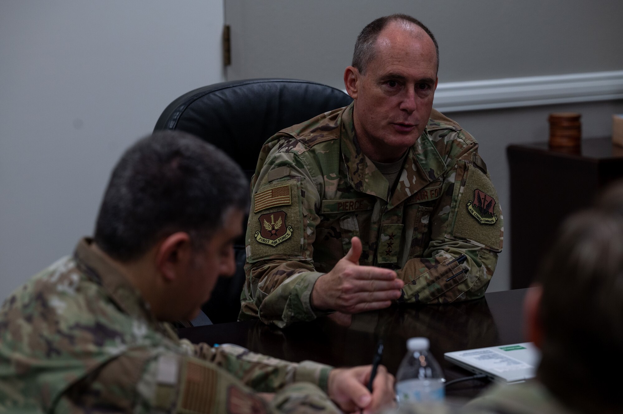 U.S. Air Force Lt. Gen. Kirk S. Pierce, Continental U.S. North American Aerospace Defense Command Region and 1st Air Force commander, speaks about the future of intelligence, surveillance, and reconnaissance training at Goodfellow Air Force Base, Texas, April 1, 2022. Pierce expressed his admiration for the high level of training 17th Training Group students receive. (U.S. Air Force photo by Senior Airman Michael Bowman)