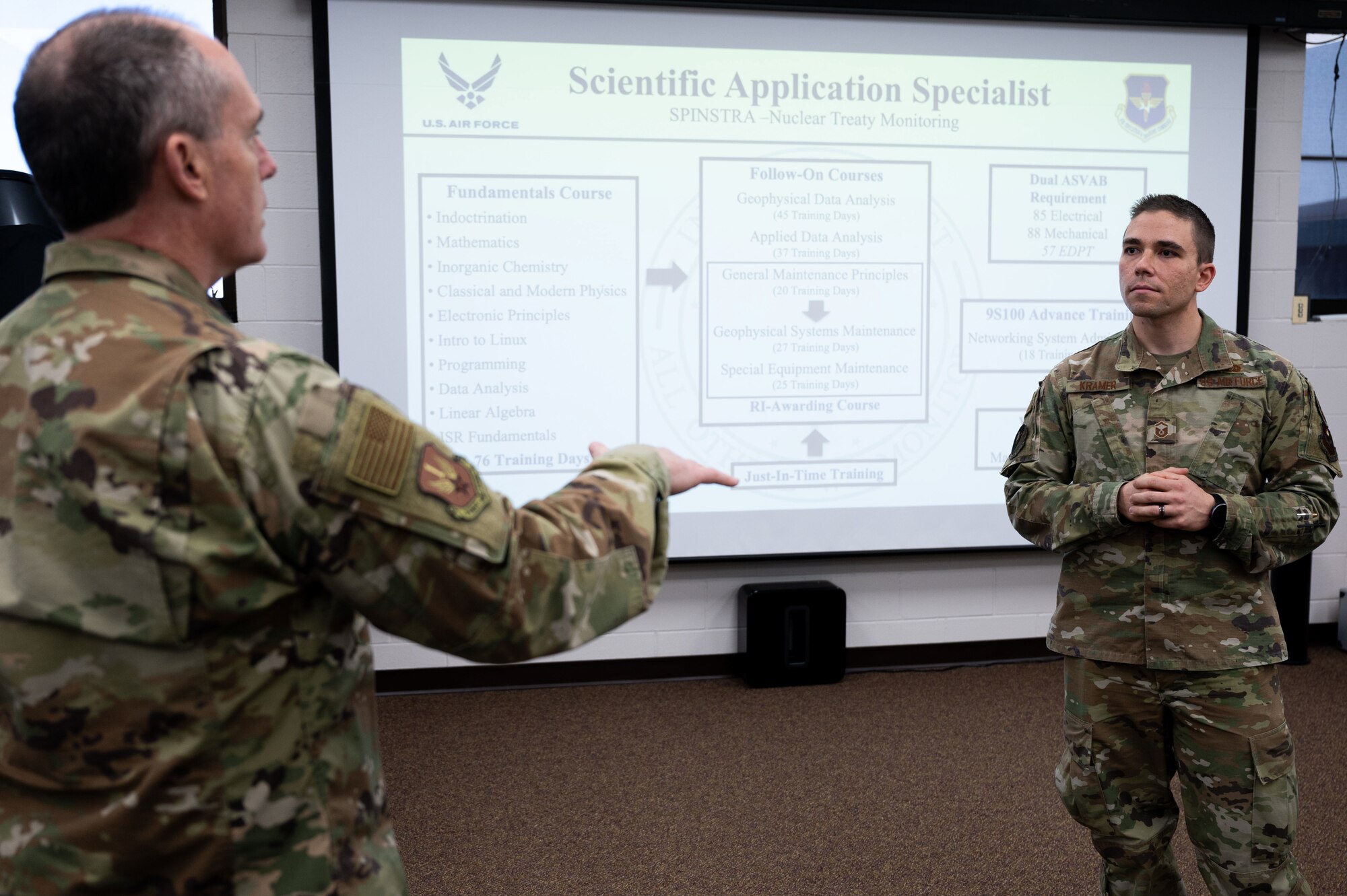 U.S. Air Force Lt. Gen. Kirk S. Pierce, Continental U.S. North American Aerospace Defense Command Region and 1st Air Force commander, asks a question to Master Sgt. Donald Kramer II, 312th Training Squadron instructor supervisor at Goodfellow Air Force Base, Texas, April 1, 2022. Kramer briefed Pierce about the duties and training of the 9S100 career field. (U.S. Air Force photo by Senior Airman Michael Bowman