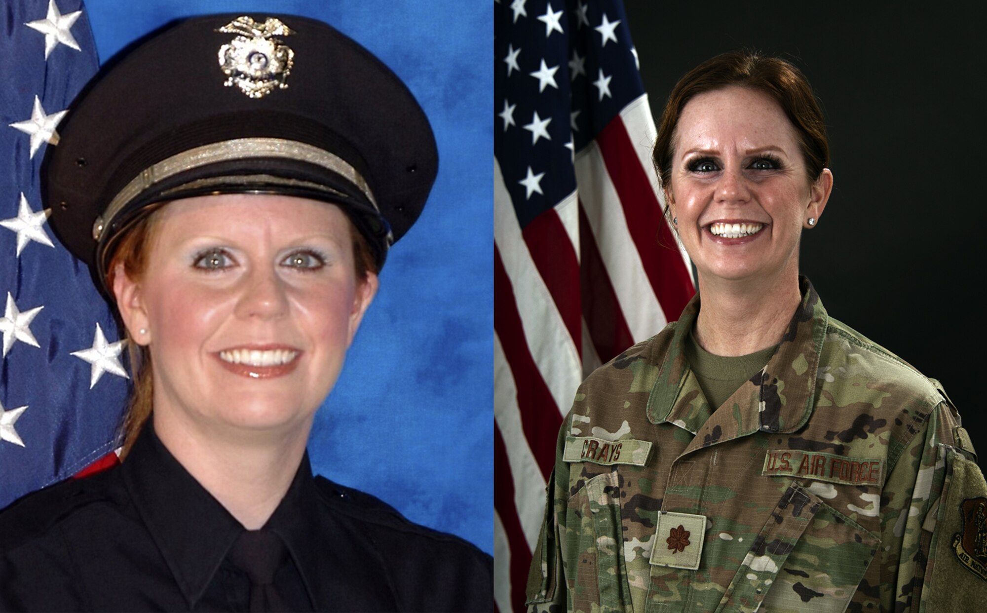 Photo Maj Melanie Crays in Air Force uniform and in  Normal Police Dept. uniform