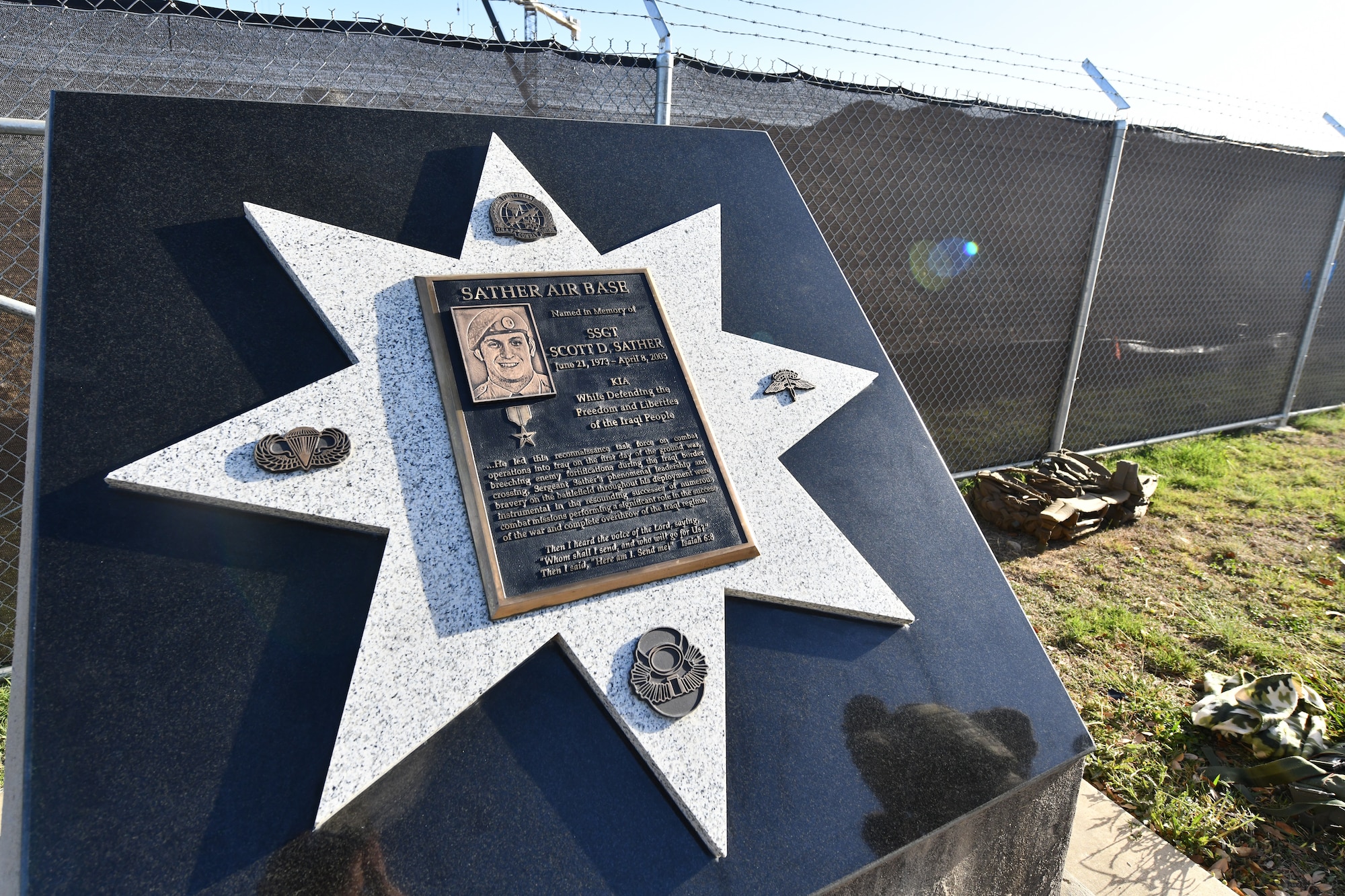 The newly refitted memorial for U.S. Air Force Staff Sgt. Scott Sather at the Special Warfare Training Wing training compound Joint Base San Antonio, Chapman Training Annex, Apr. 8, 2022. The wing and echelon units hosted a two and one-half mile ruck march followed by Memorial pushups and the unveiling of refitted memorials in coordination with Gold Star families (U.S. Air Force photo by Brian Boisvert)